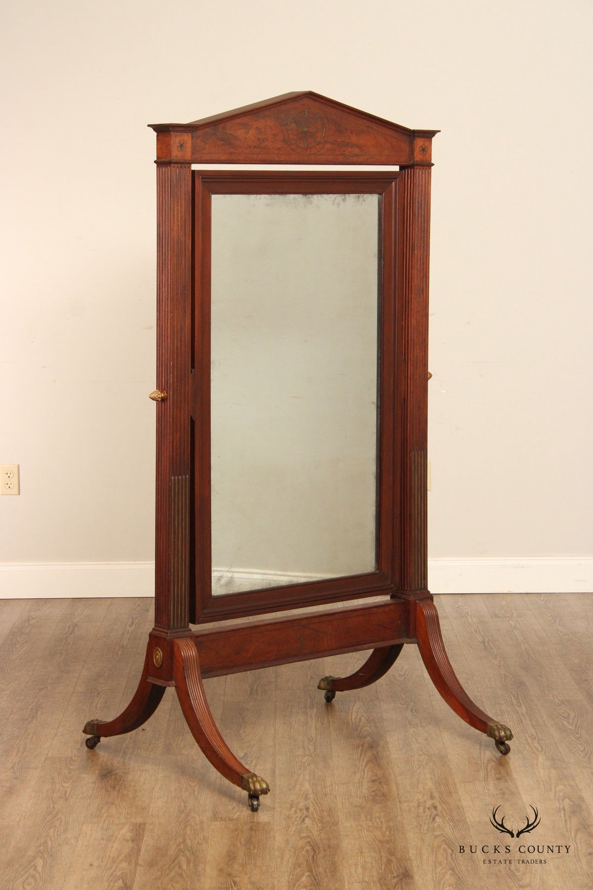 Antique 19th Century Empire Style Mahogany Cheval Mirror On Brass Paw Feet