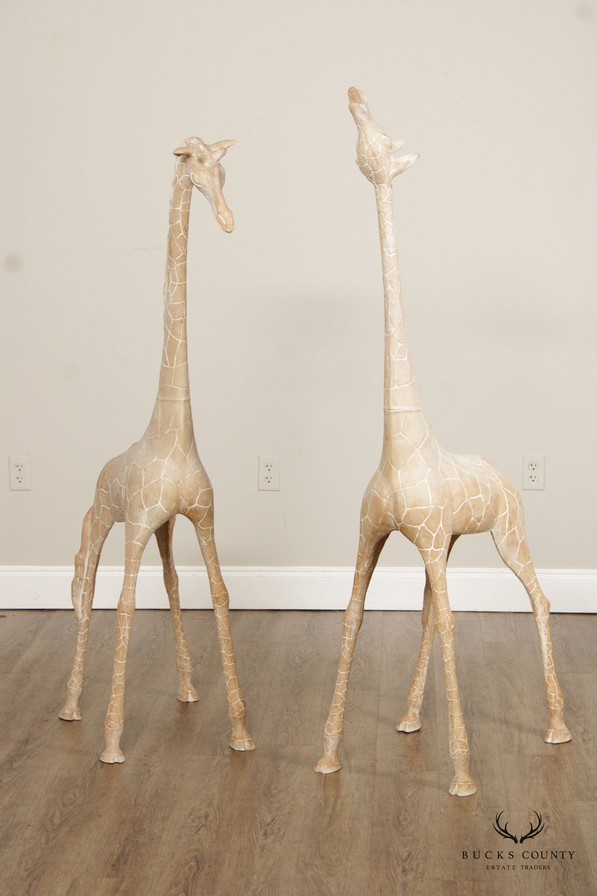 Pair of Tall Vintage Carved Wood Giraffe Sculptures