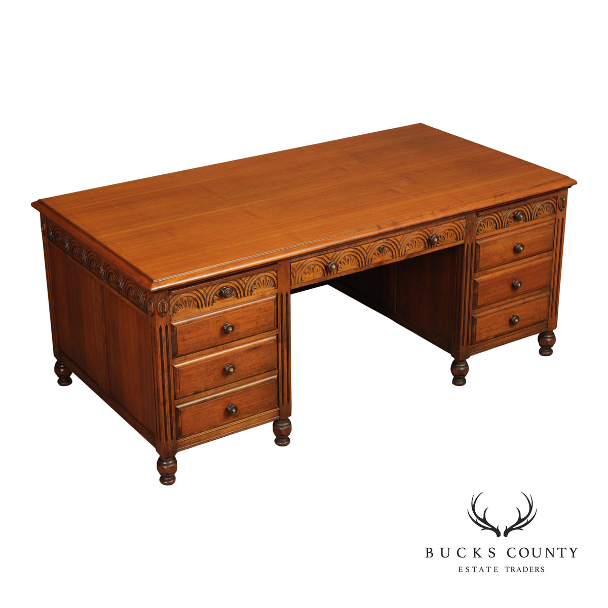 1930 Walnut Carved Pedestal Executive Desk with Pull-Out Writing Slides