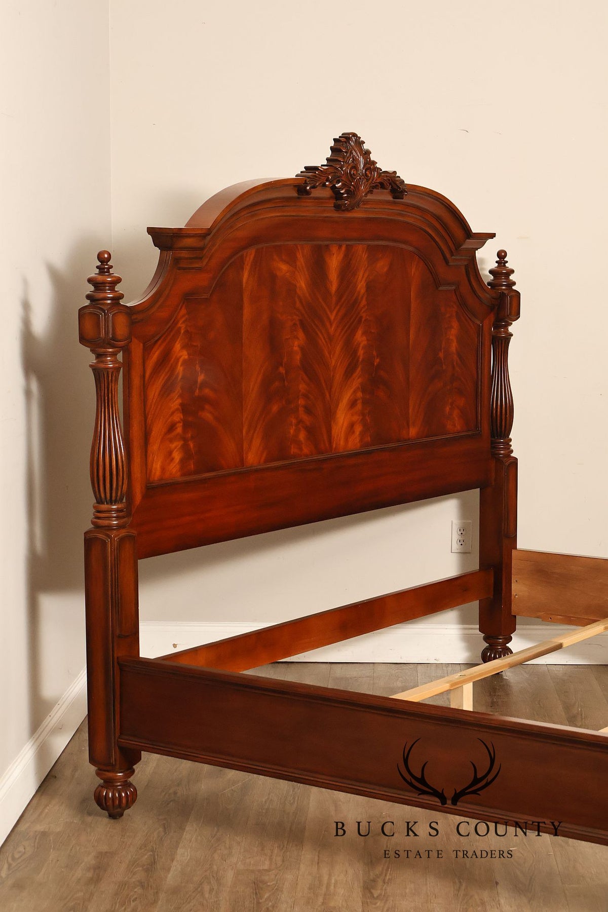 King Size Mahogany Flame Veneer Carved Bed Frame