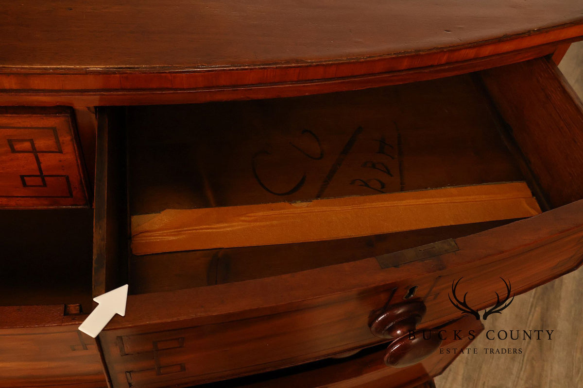 Antique English Sheraton Style Inlaid Bow Front Chest Of Drawers