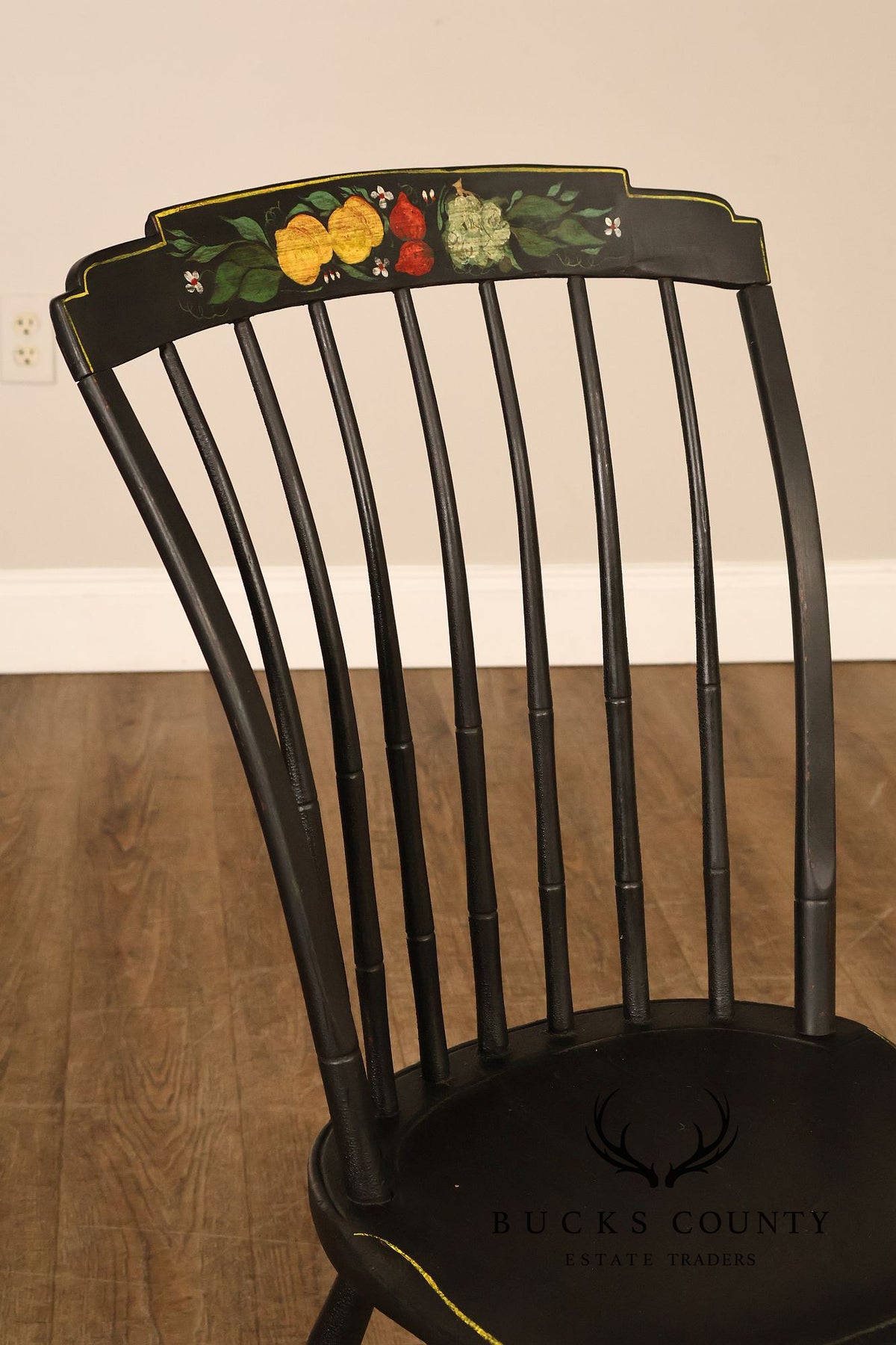 Vintage Stenciled Black Windsor Style Set Of Eight Dining Chairs