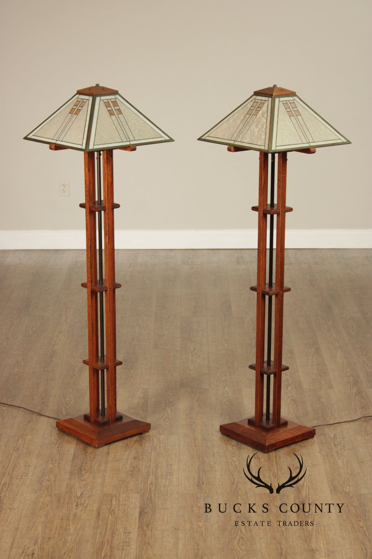Pair Michael Adams – Aurora Studios Prairie School Oak & Stained Glass Floor Lamps