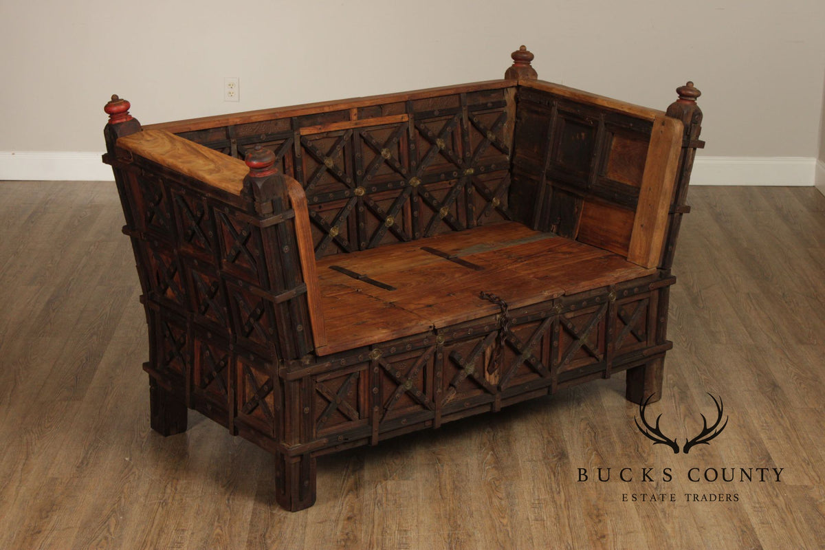 Antique Indian Teak Dowry Chest Settee