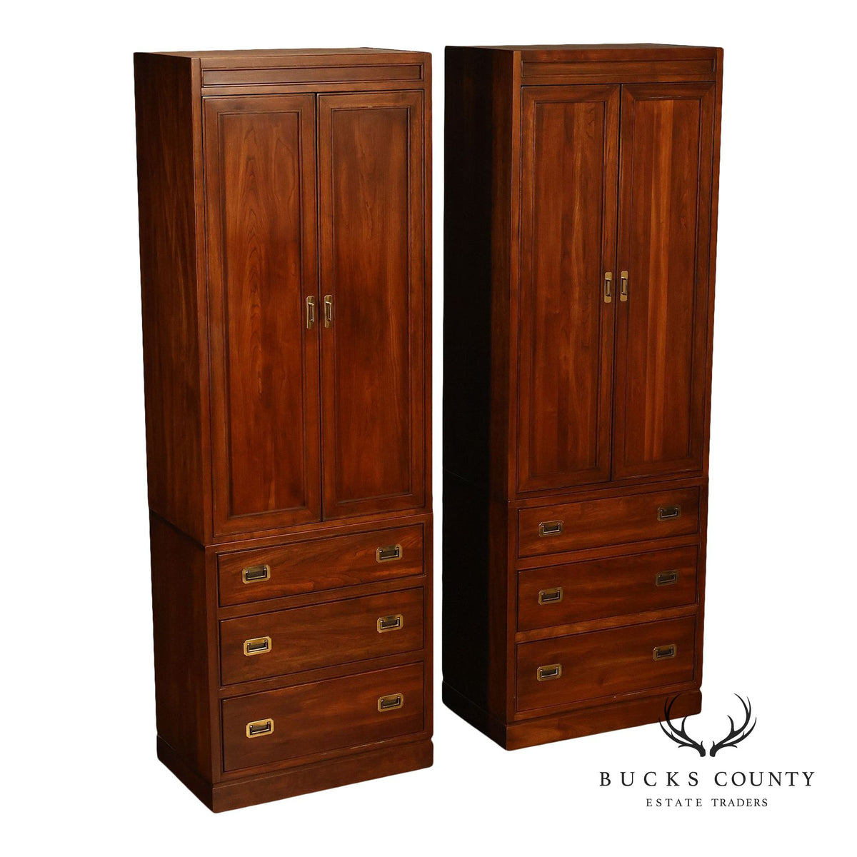 Ethan Allen Campaign Style Pair of Walnut Armoires