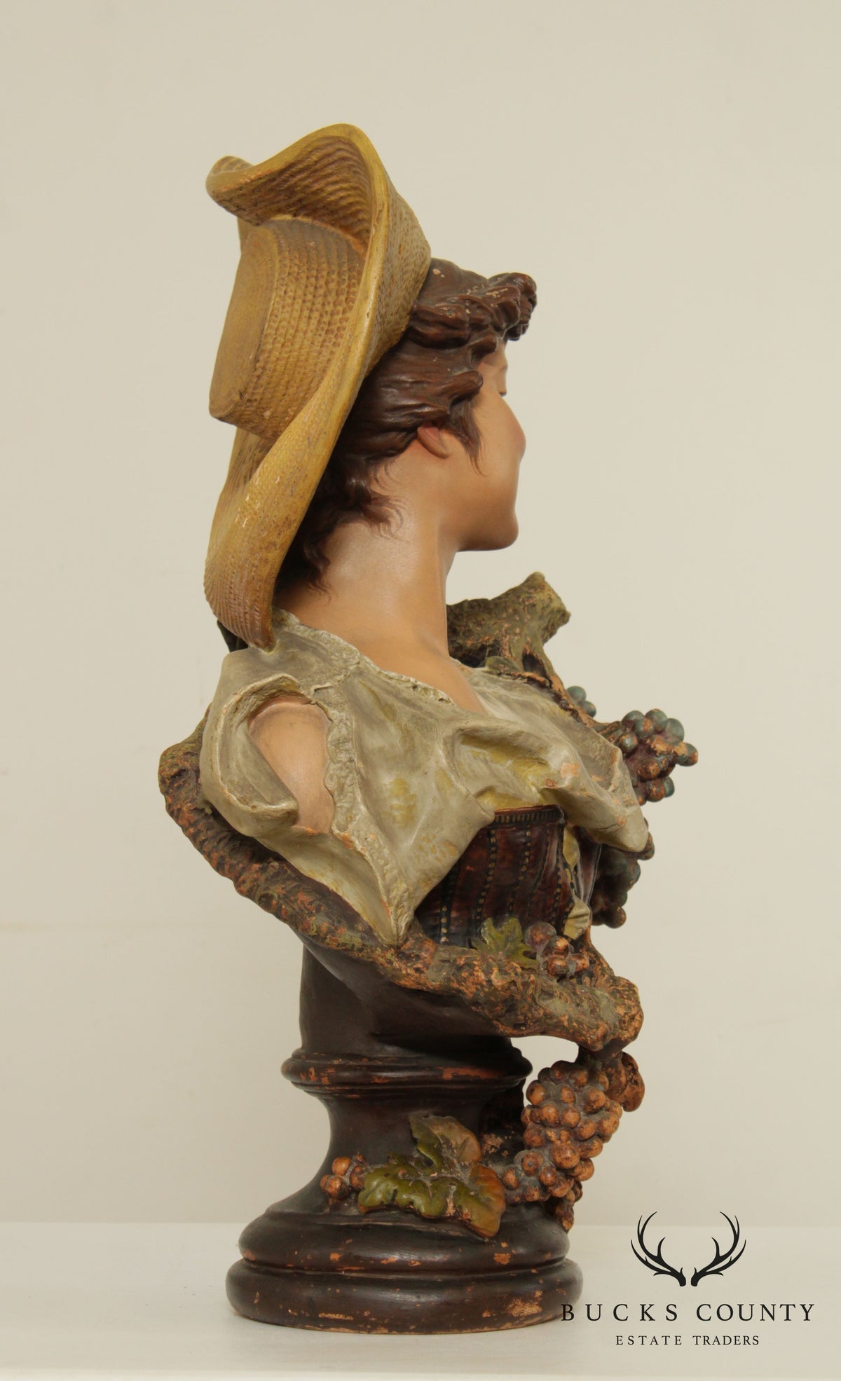 Vintage Bust of Maiden Carved Sculpture, 'Lady of the Grapes'