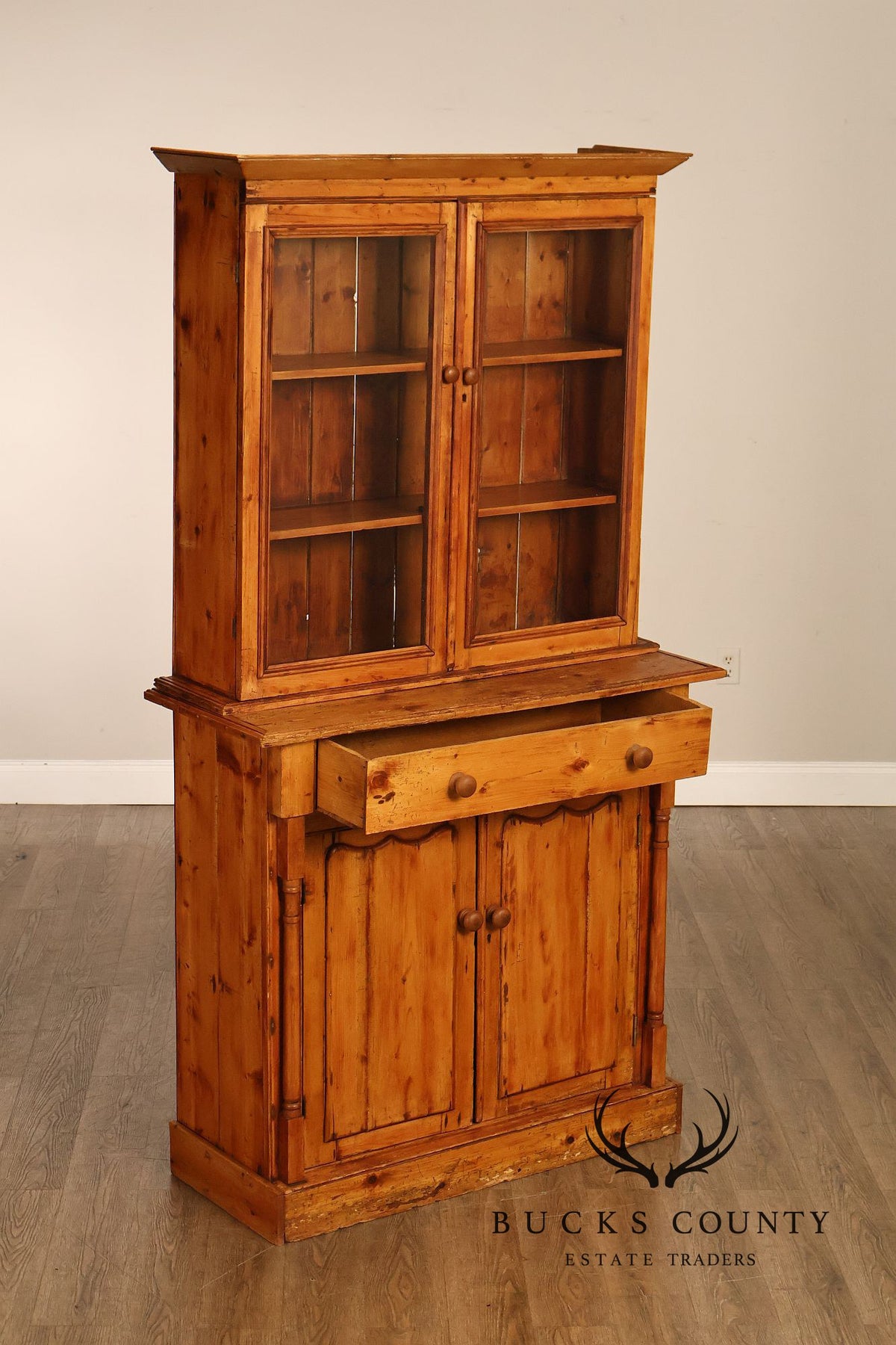 Antique Pitch Pine Four Door Stepback Cupboard With Glass Doors And Drawer