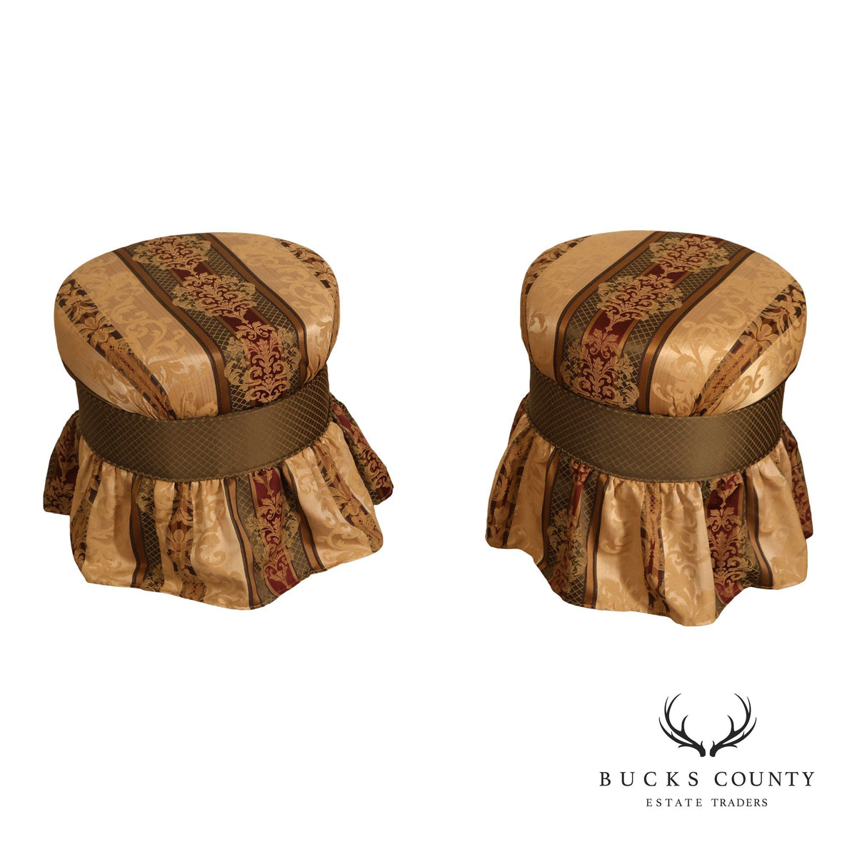 Pair Of Traditional Upholstered Skirted Round Ottomans