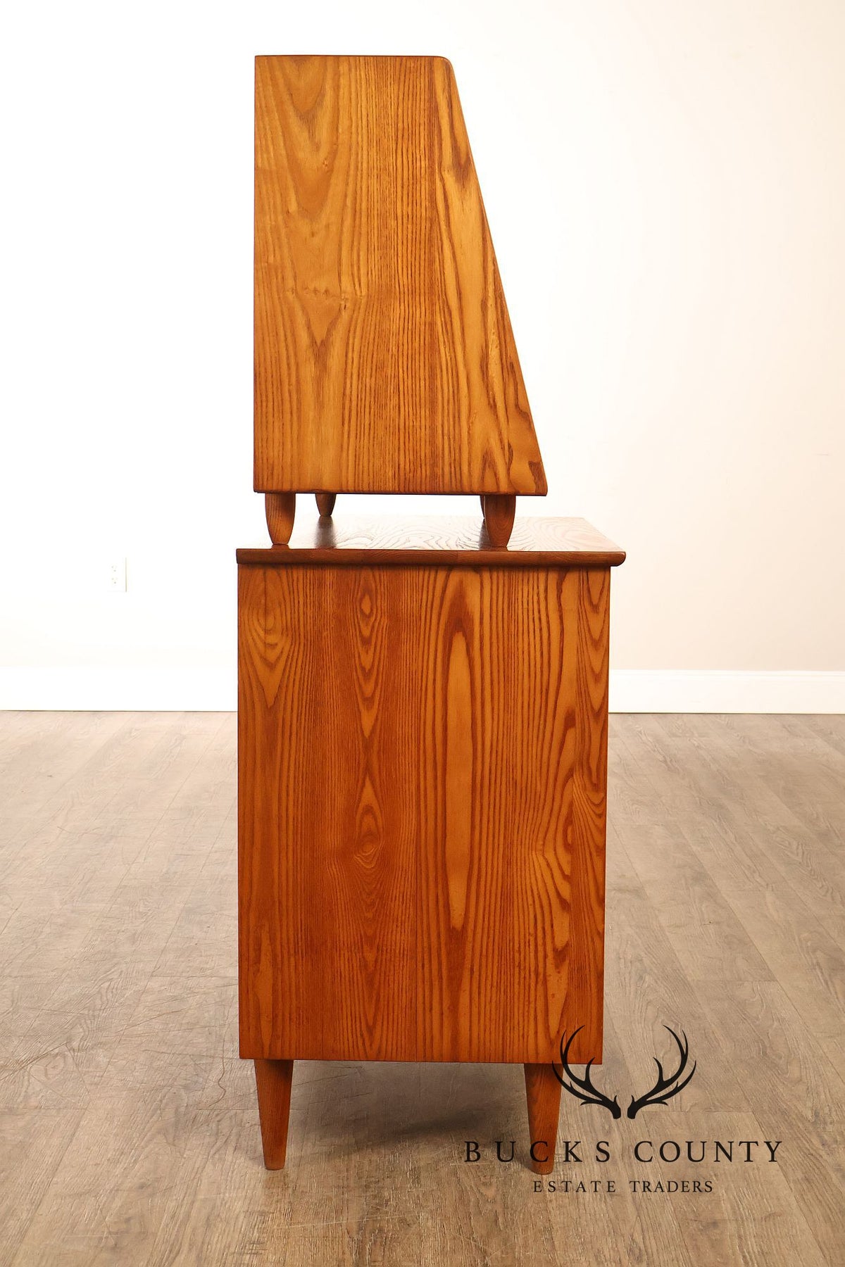 Mid Century Modern Two-Piece Oak and Glass China Cabinet