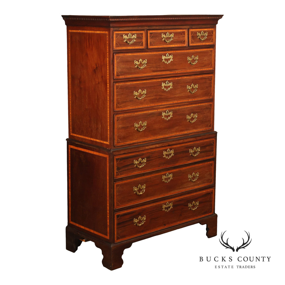 Antique Georgian Style Inlaid Mahogany Chest On Chest