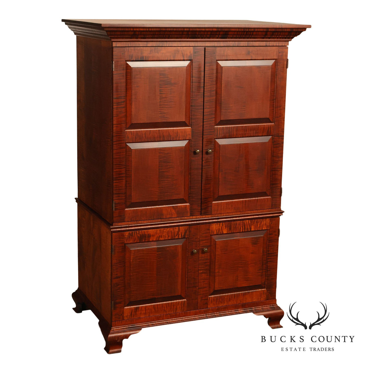 Custom Tiger Maple Two-Piece Four-Door Cabinet Armoire