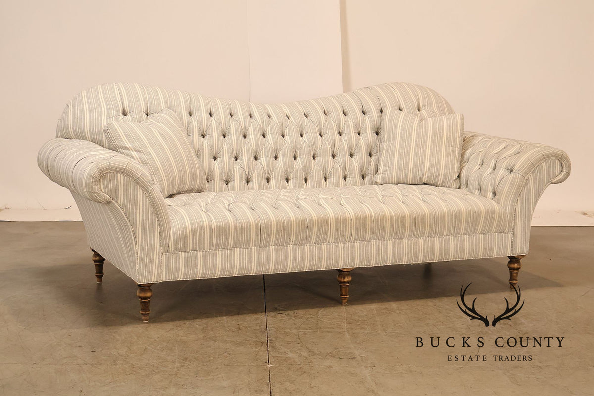 Cambridge Collection Tufted Blue And White Striped Upholstered Sofa