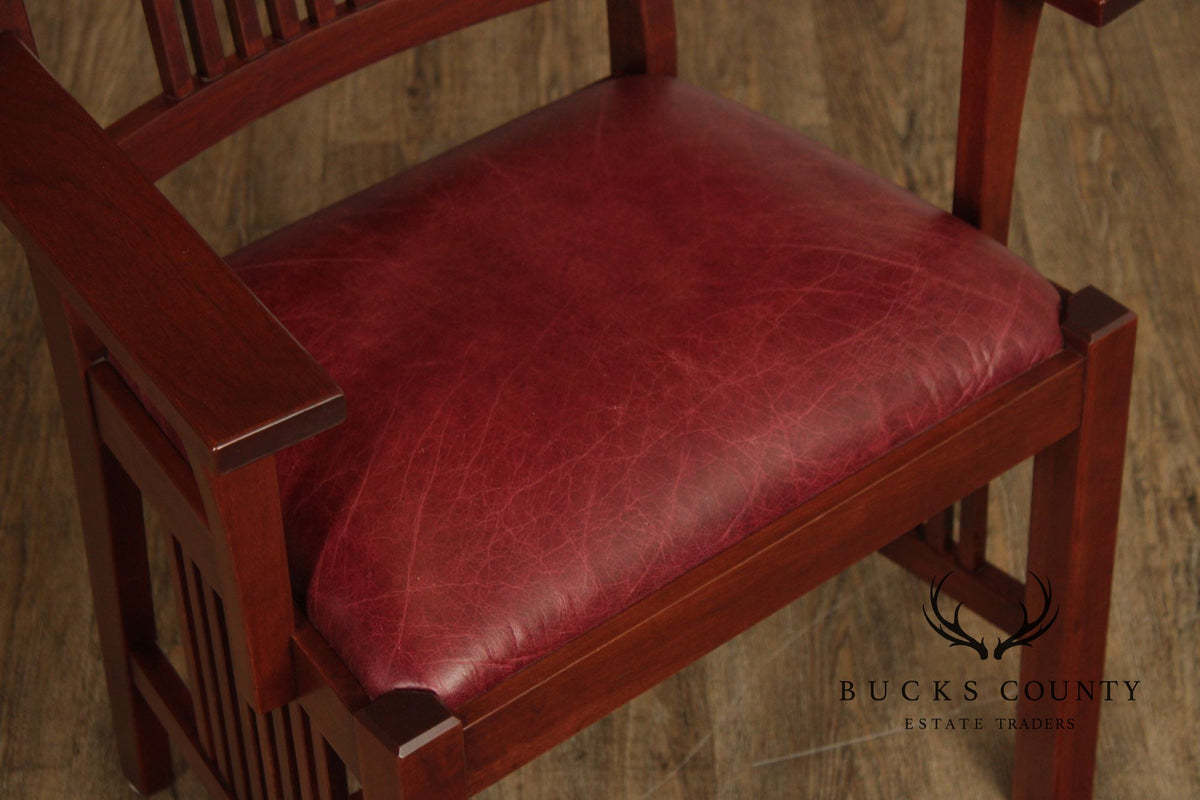 Zimmerman Mission Style Custom Set Of Four Cherry And Leather Spindle Dining Chairs