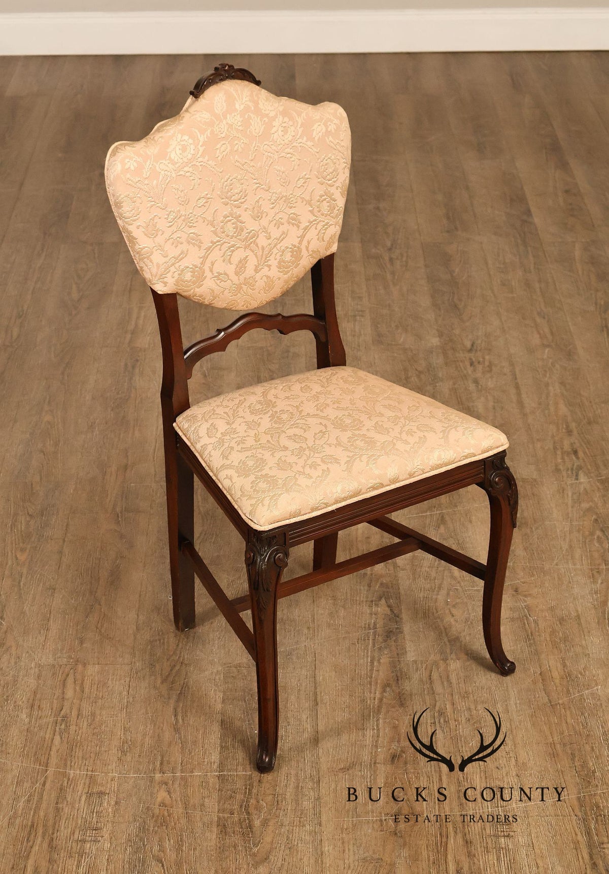 Traditional Mahogany Carved Side Chair With Floral Damask Upholstery