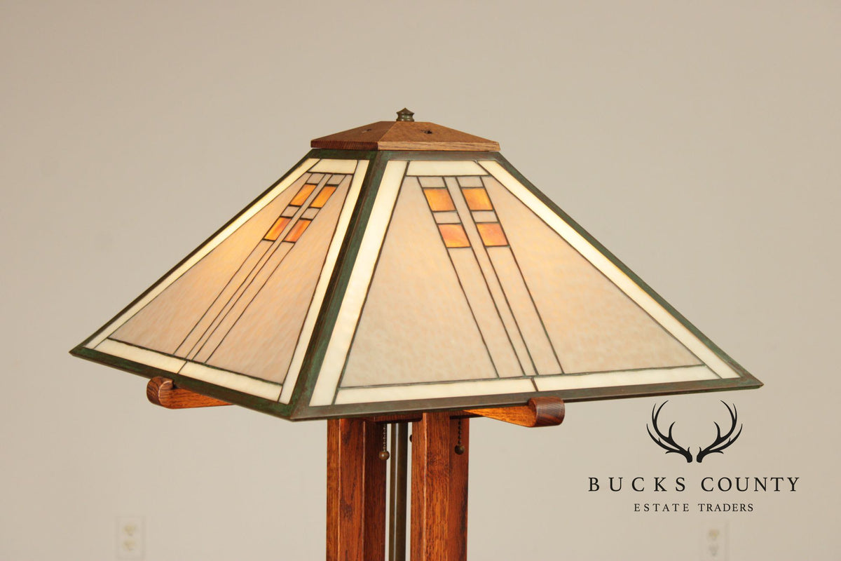 Pair Michael Adams – Aurora Studios Prairie School Oak & Stained Glass Floor Lamps