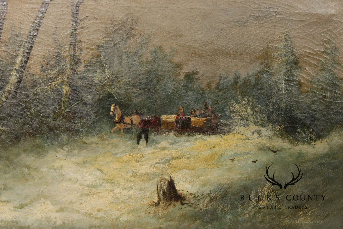 Continental School Large Winter Landscape Painting, Sleigh Ride