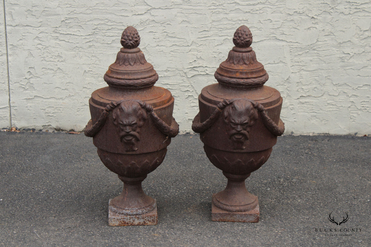 Classical Style Pair of Cast Iron Outdoor Garden Urns