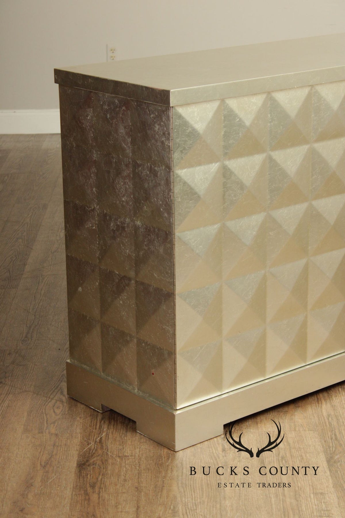 Baker Furniture Pair Of Barbara Barry Silver Leaf Diamond Front Cabinets