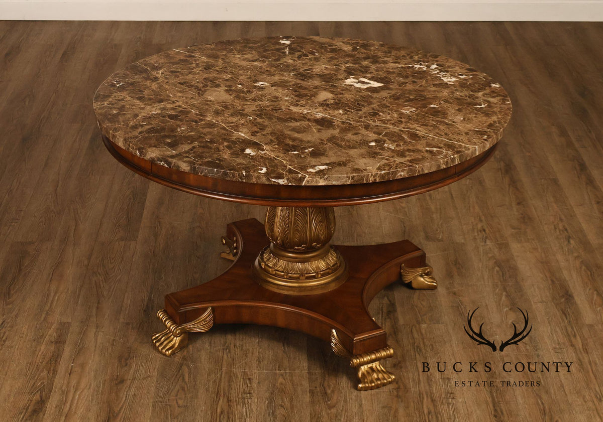 Drexel Neoclassical Revival Round Marble Top Pedestal Dining or Center Table With Claw Feet