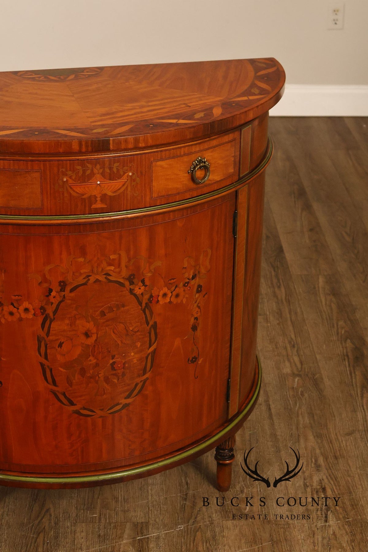 Neoclassical Style Inlaid Demilune Cabinet With Interior Drawers