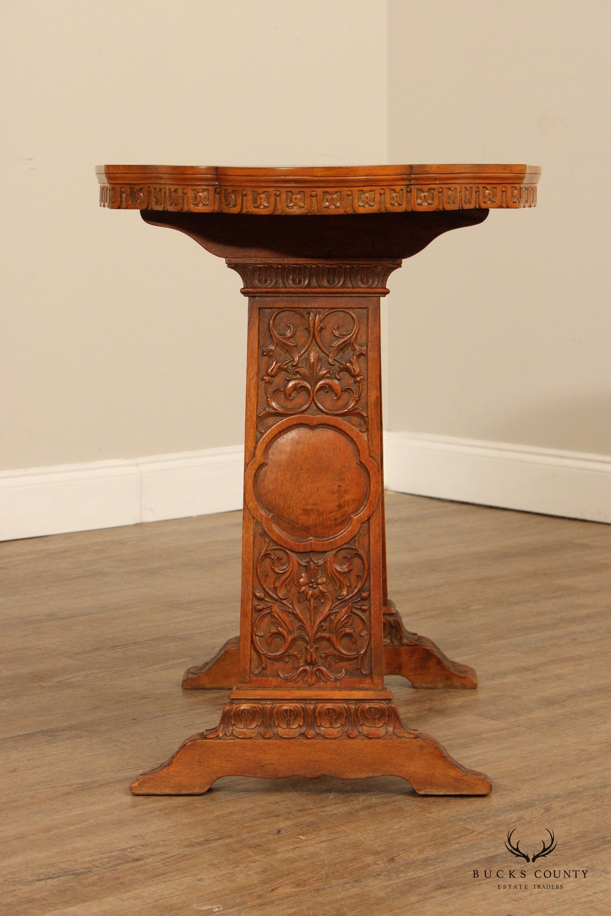 Antique Spanish Revival Carved Oak And Forged Iron Trestle Side Table
