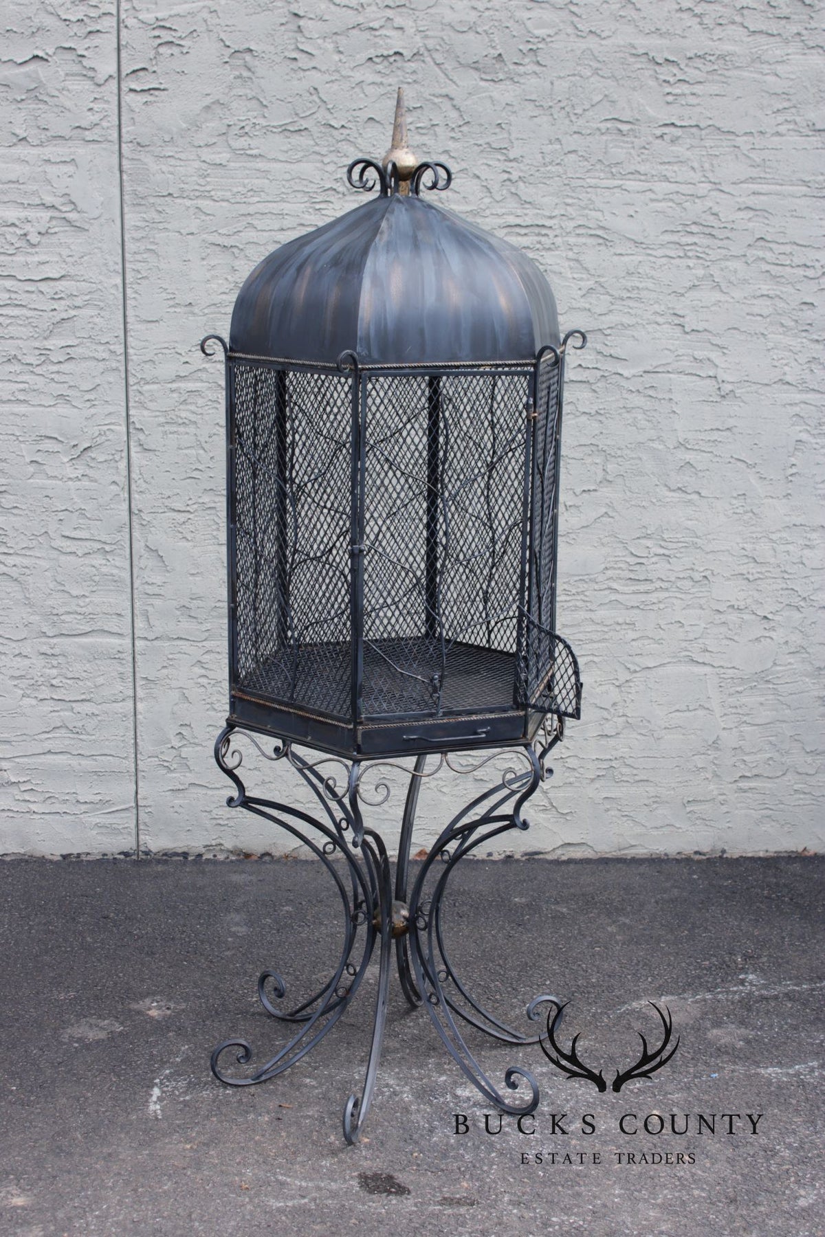Vintage Wrought Iron Garden Bird Cage On Stand