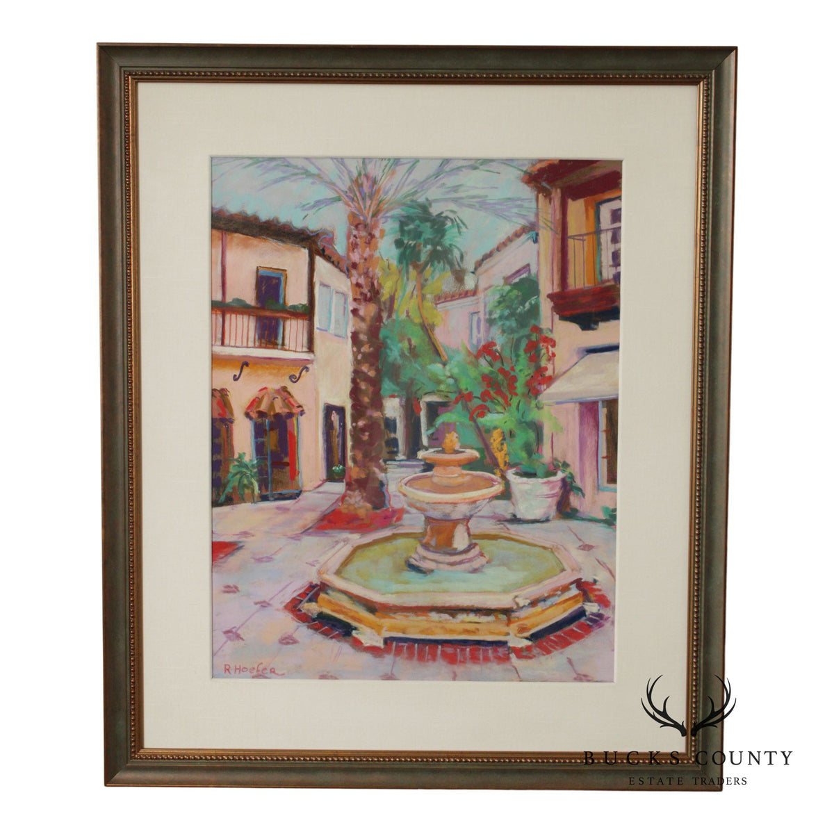 R. Hoefer Oil Pastel Painting, Spanish Courtyard