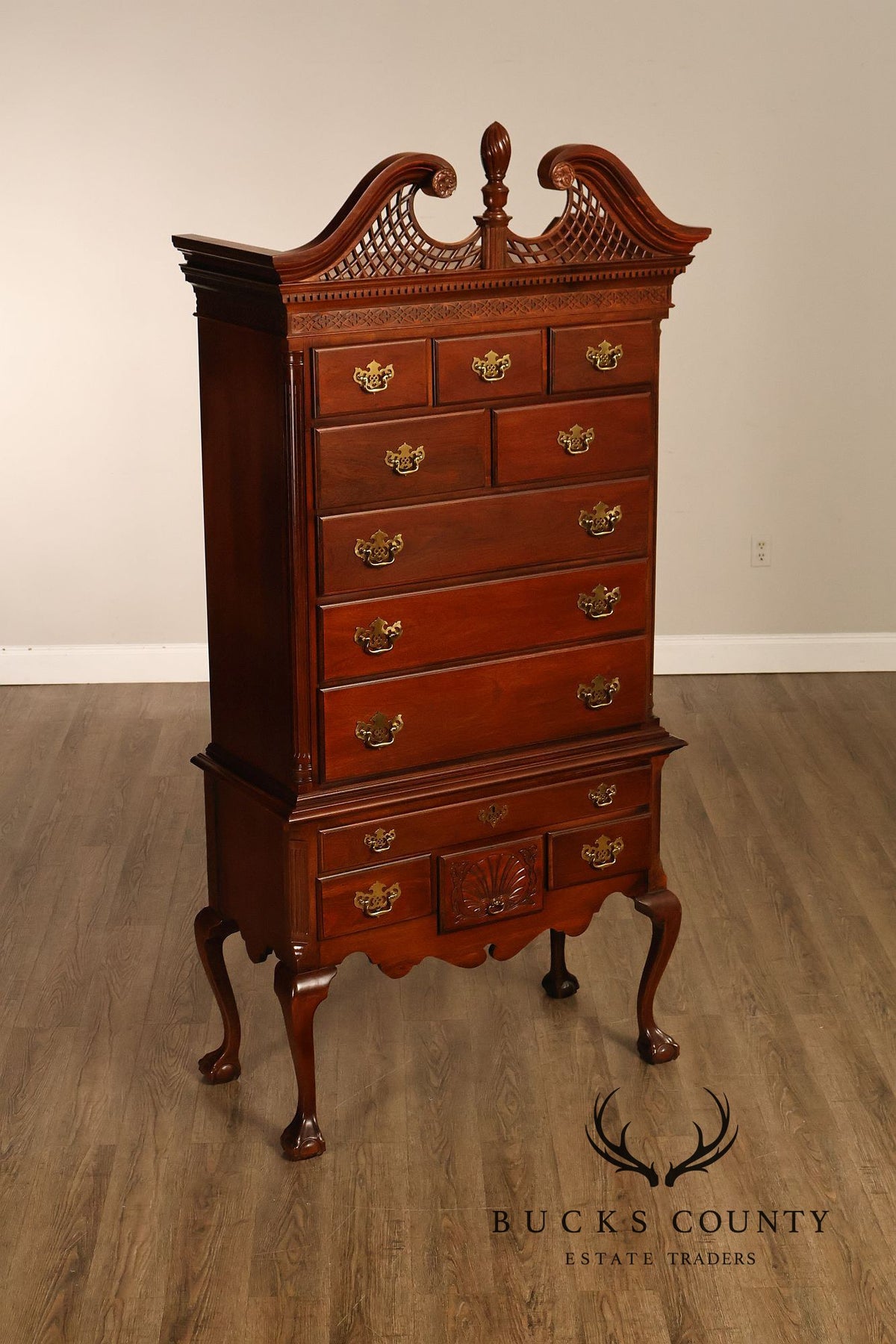 American Drew Traditional Chippendale Style Mahogany Highboy Chest on Chest Tall Dresser