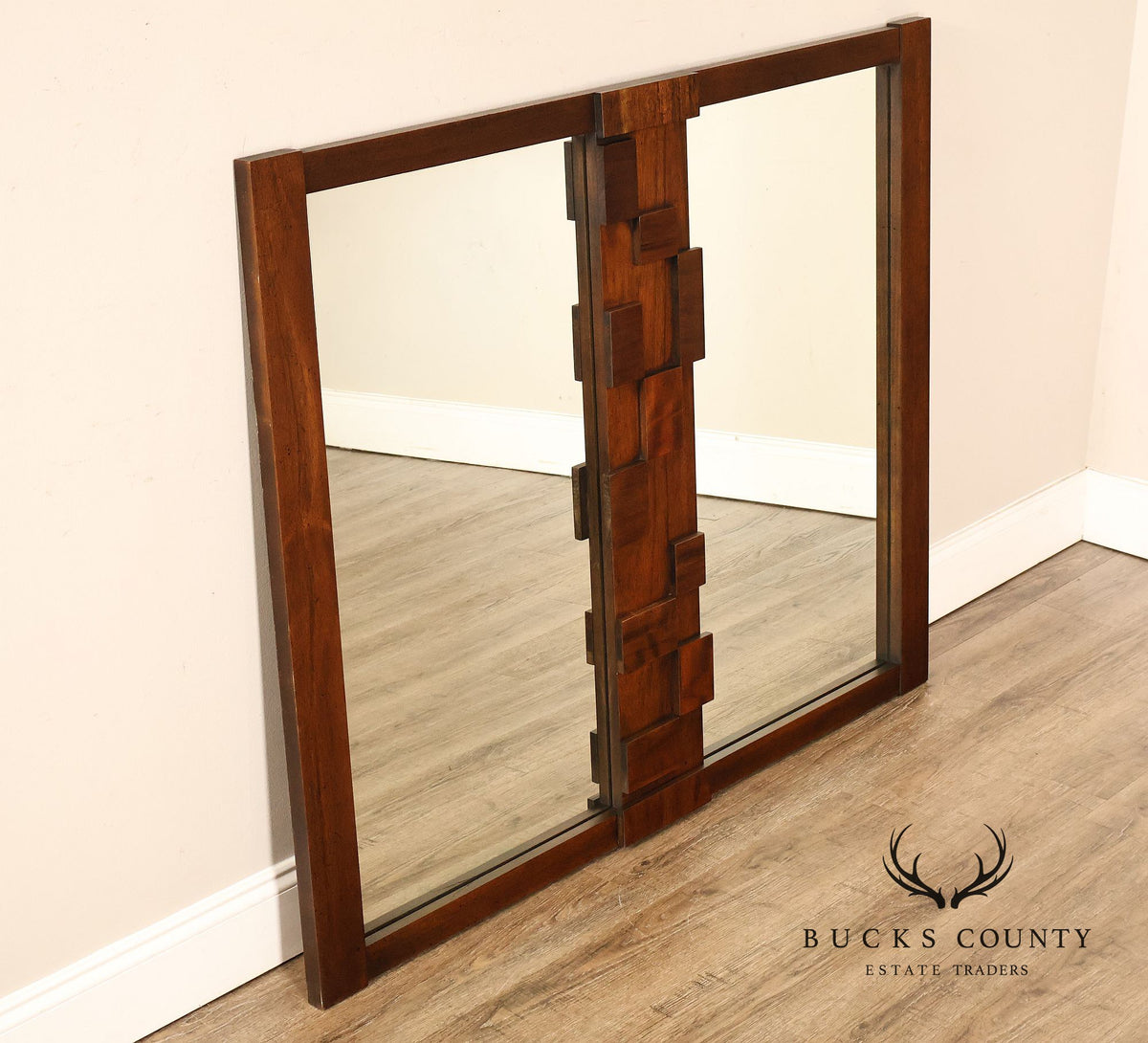 Lane Mid-Century Modern Brutalist Walnut Geometric Wall Mirror