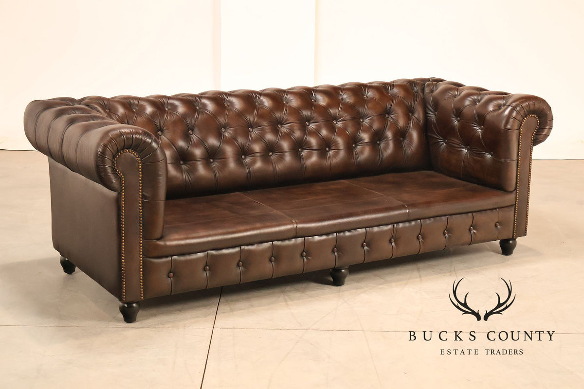 Chesterfield Style 7 Foot Espresso Brown Tufted Leather Sofa