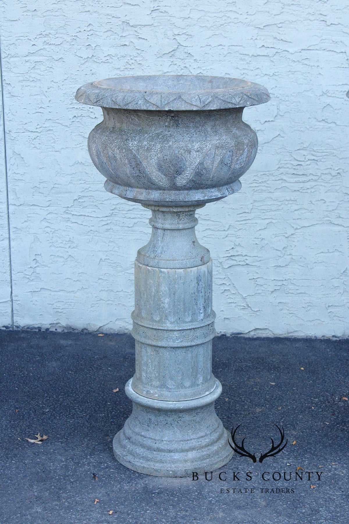 Vintage Pair Of Carved Granite Three Piece Garden Urns On Pedestals