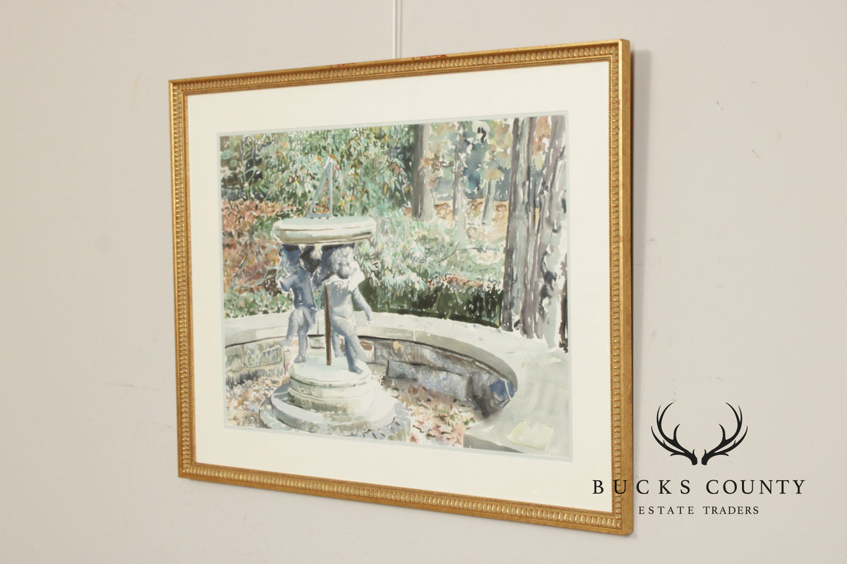 Raimond Del Noce Watercolor, Garden Fountain