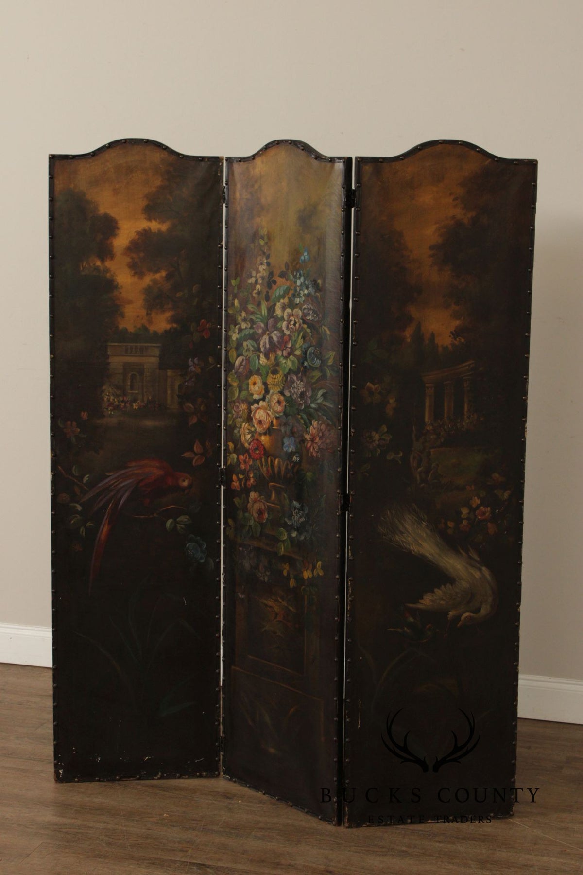 Antique Style 3-Panel Hand-Painted Oil On Canvas Floor Screen Room Divider With Floral Still Life, Birds & Garden Landscape