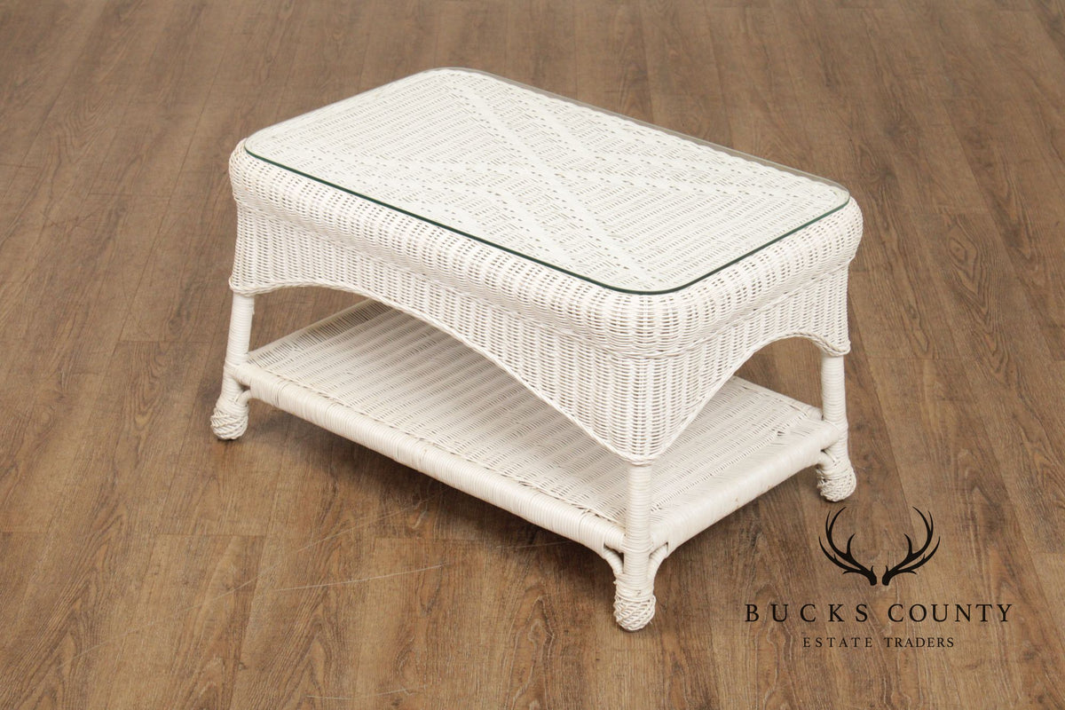 White Wicker Glass Top Coffee Table
