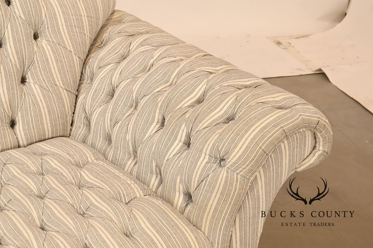 Cambridge Collection Tufted Blue And White Striped Upholstered Sofa