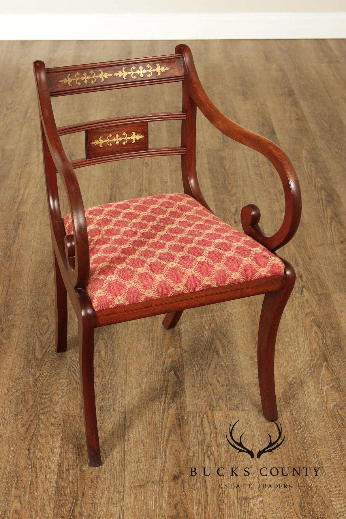 Antique English Regency Style Pair of Rosewood Brass Inlaid  Armchairs