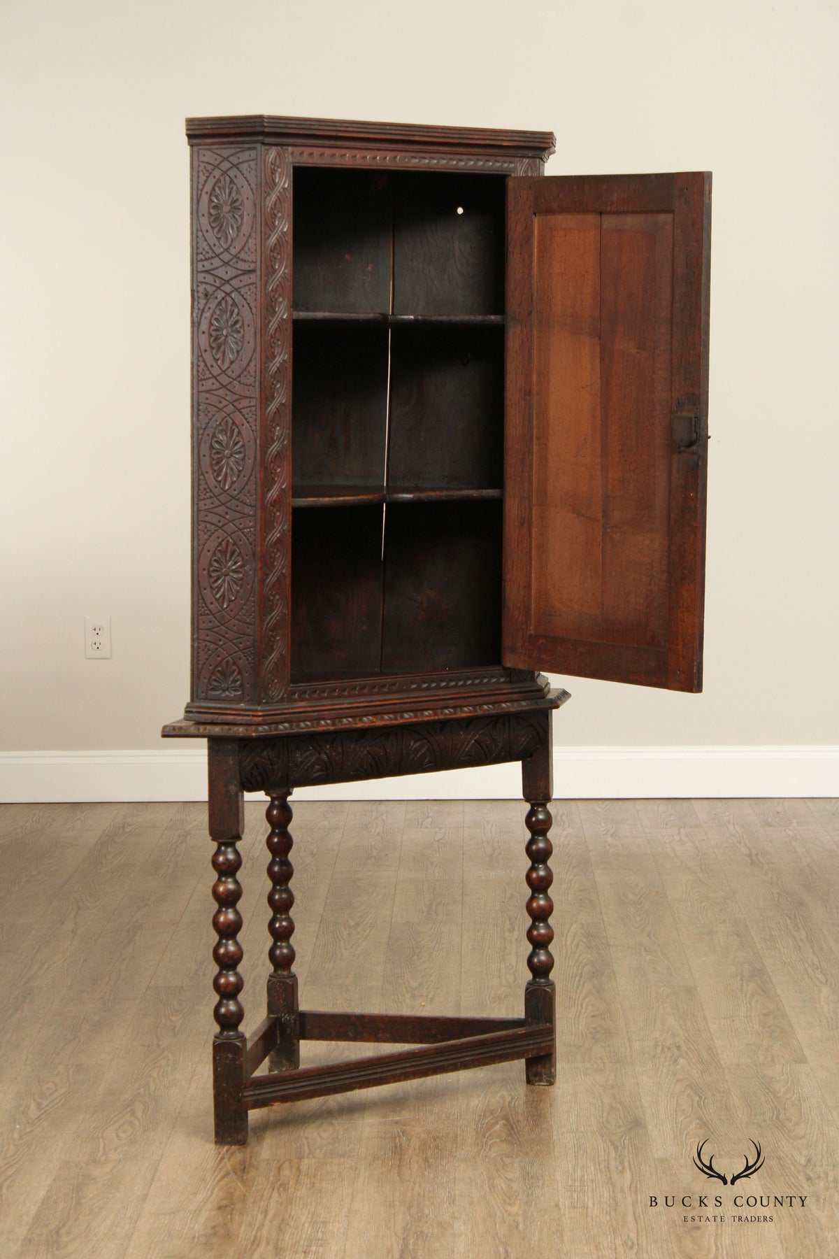 Antique English Carved Oak Corner Cabinet on Stand