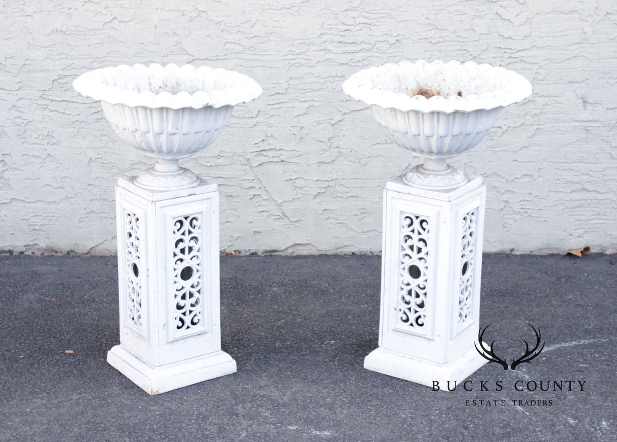 Vintage Pair of Painted Cast Iron Garden Urns on Stands