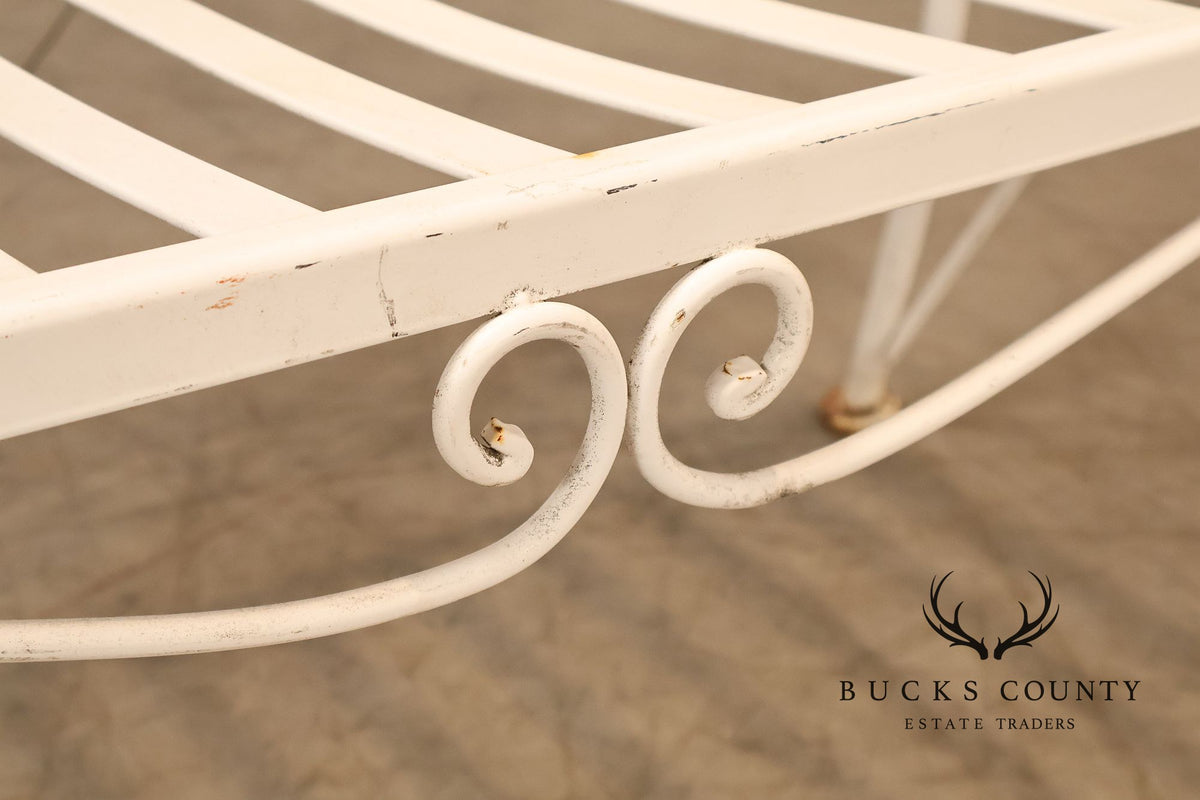 Woodard Vintage White Painted Wrought Iron Garden Bench With Scrollwork Back
