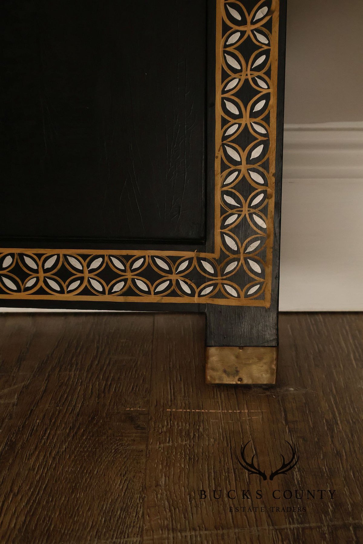 Asian Black Lacquer Vintage Pair Of Four Panel Folding Screens With Mother Of Pearl Inlay