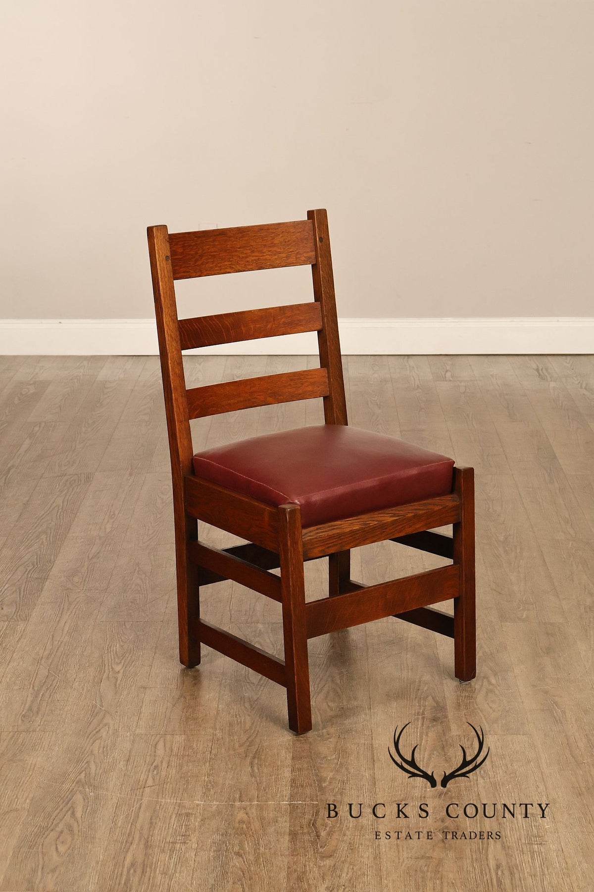 Antique L. & J. G. Stickley Set Of Four Oak Ladder Back Dining Chairs  #800