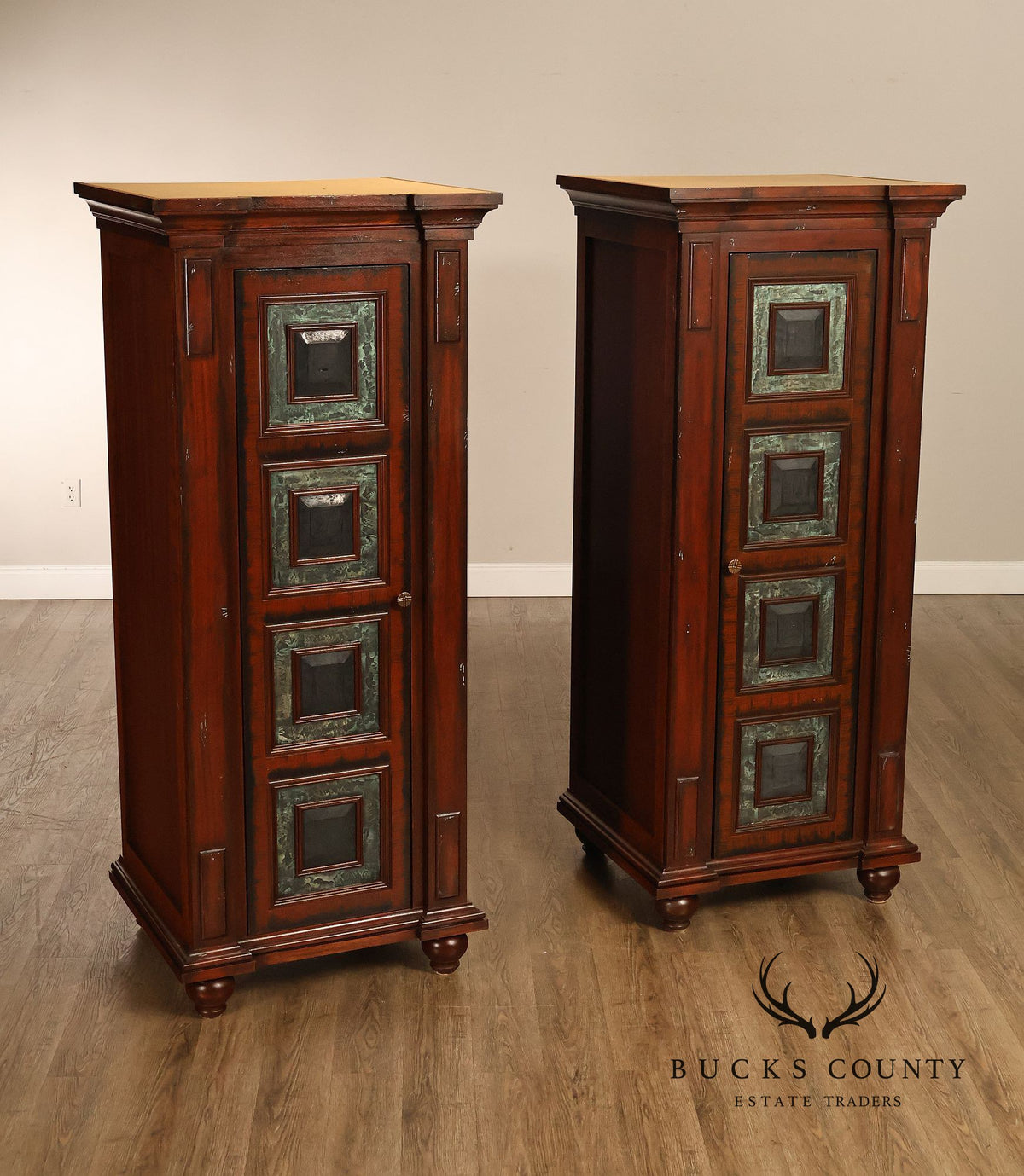 Custom Made Pair Of Custom Mahogany Cabinets With Faux Stone Inlay