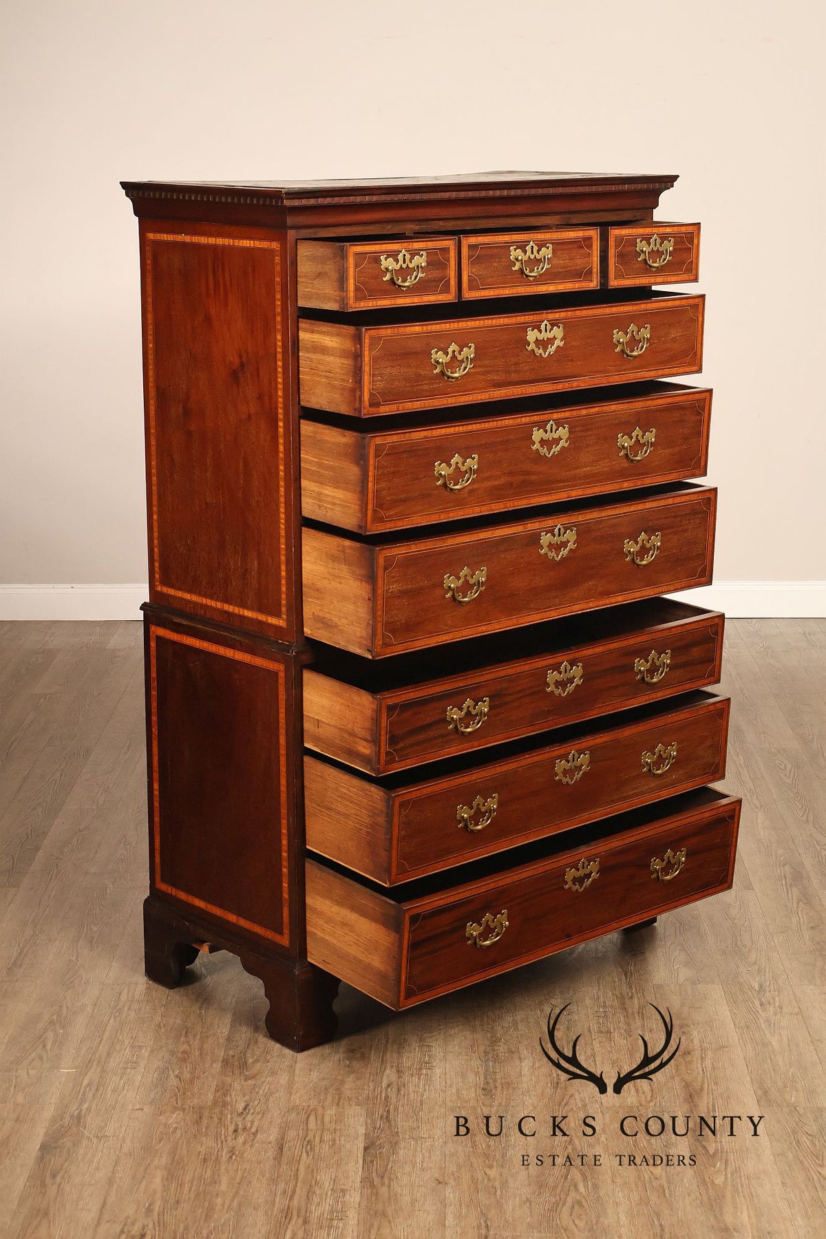 Antique Georgian Style Inlaid Mahogany Chest On Chest