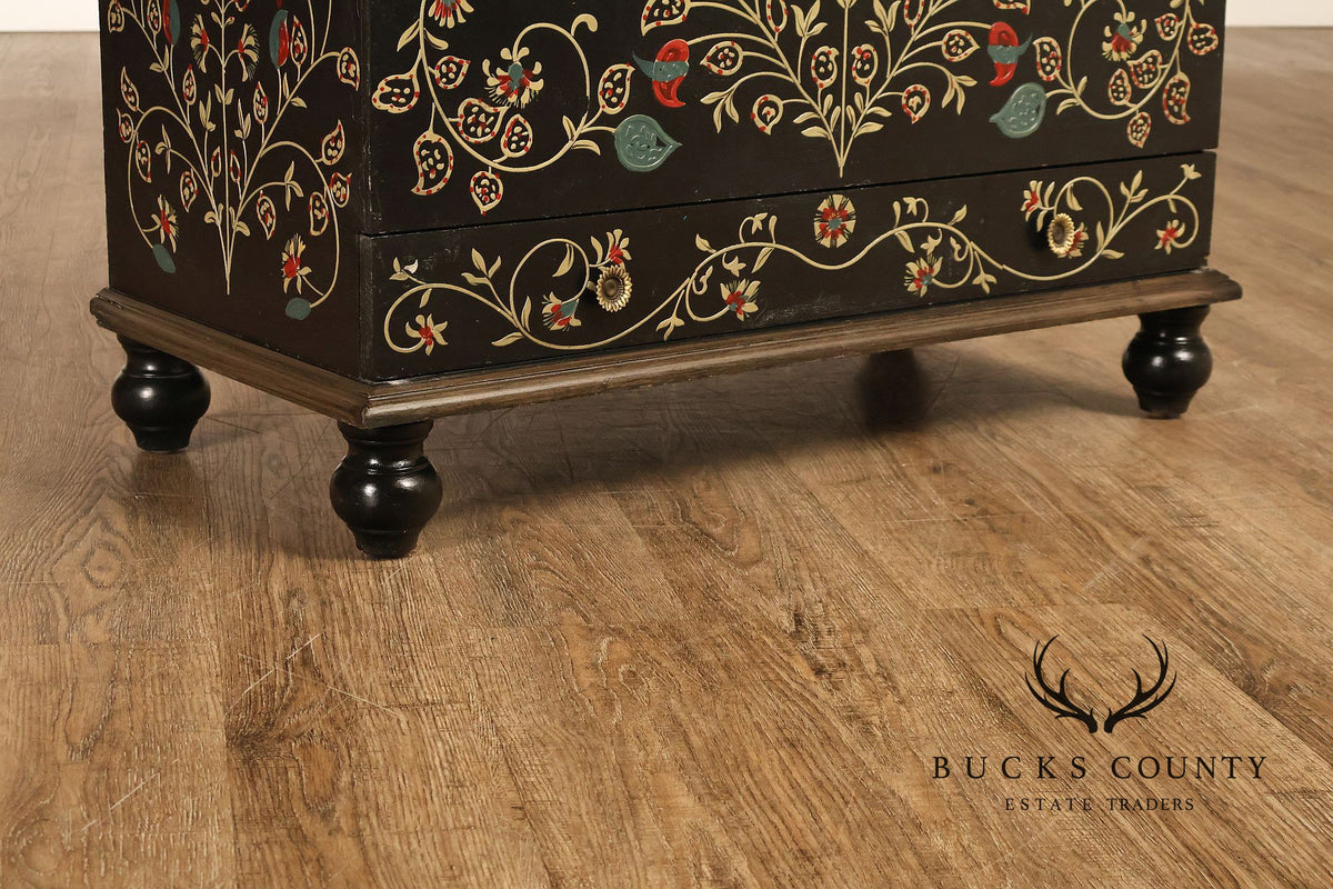 Hand Painted Black Floral Decorated Blanket Chest With Drawer