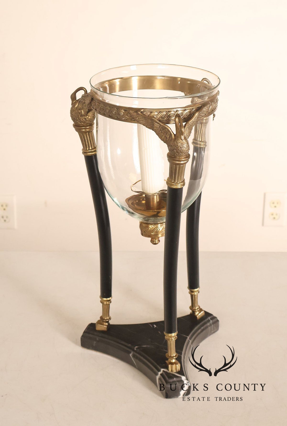 Empire Style Brass Swan And Marble Hurricane Candle Holder