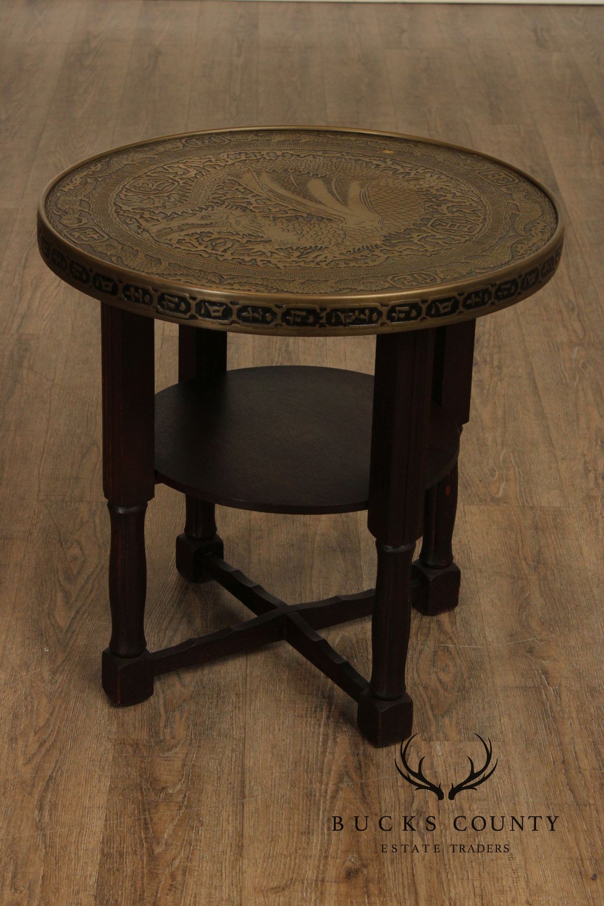 Chinese Style Bronze Top And Wood Base Accent Table With Dragon Motif