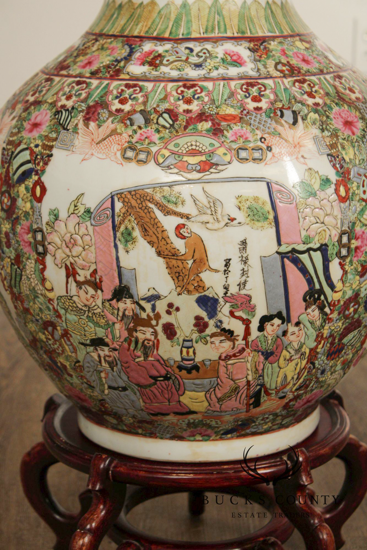 Chinese Rose Medallion Porcelain Palace Floor Vase on Stand