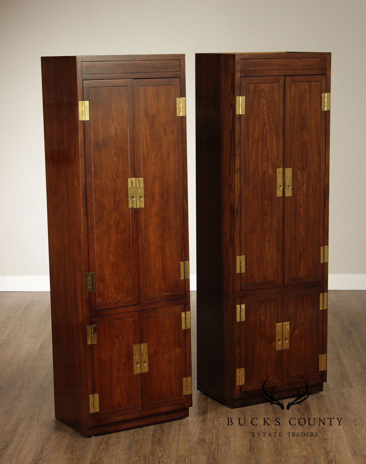 Henredon 'Scene One' Pair of Campaign Style Bedroom Armoire Cabinets