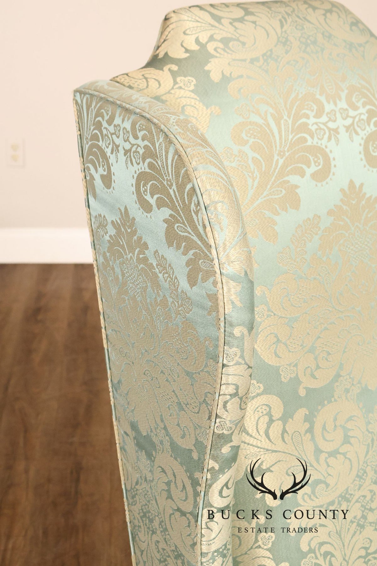 Quality Vintage Pair Of High Back Damask Upholstered Wing Chairs