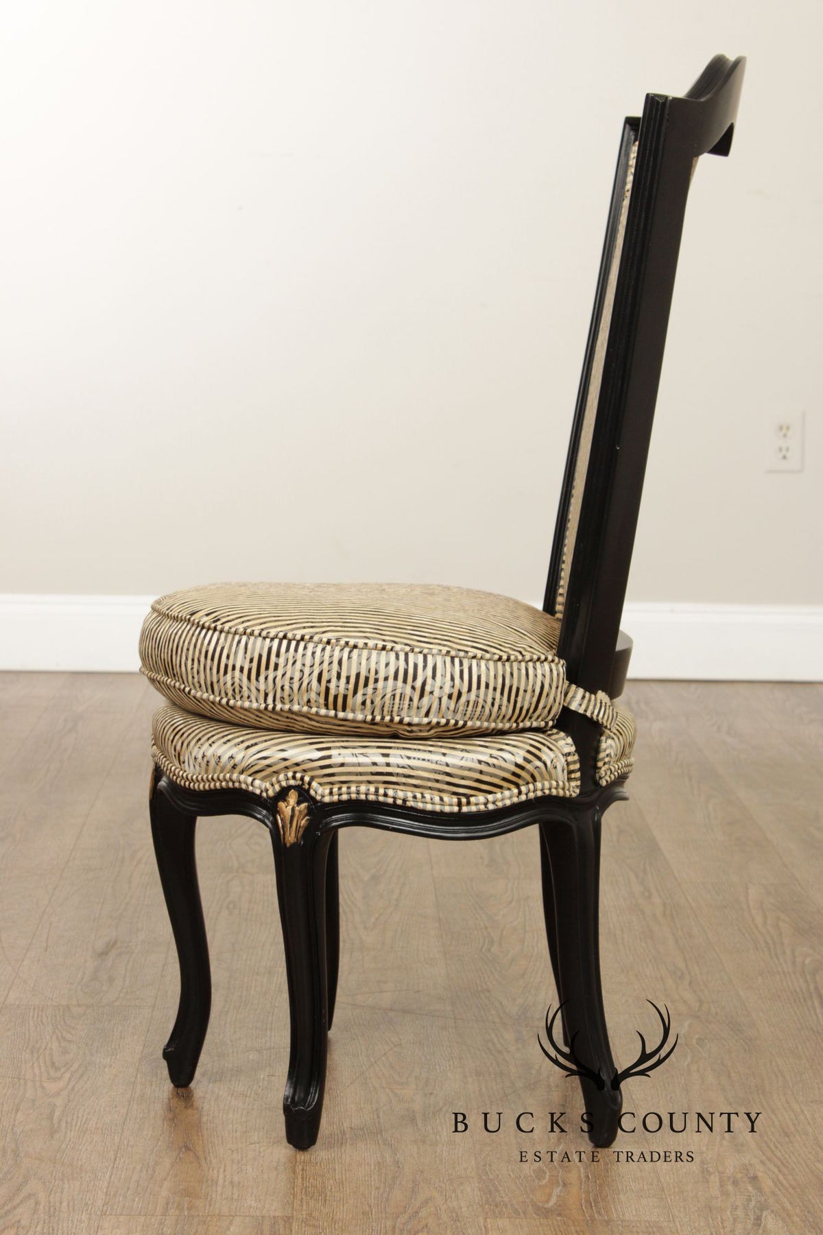 Italian Rococo Style Pair of Ebonized and Partial Gilt Side Chairs